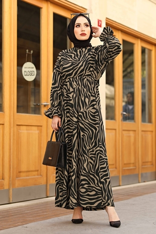 Yarasa Kol Zebra Desen Elbise 100MD17631 Vizon - Thumbnail