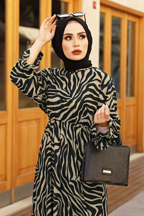 Yarasa Kol Zebra Desen Elbise 100MD17631 Vizon