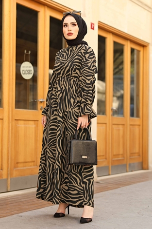 Yarasa Kol Zebra Desen Elbise 100MD17631 Vizon - Thumbnail
