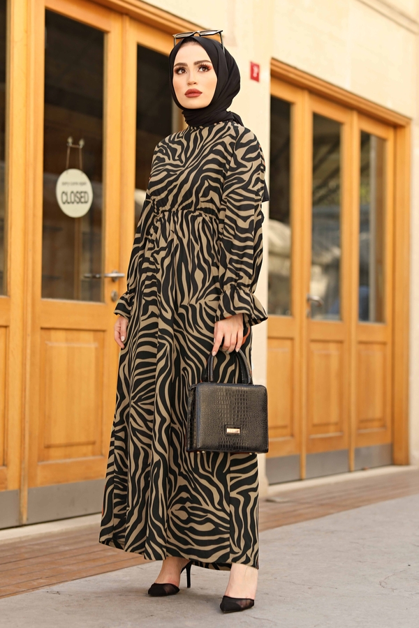 Yarasa Kol Zebra Desen Elbise 100MD17631 Vizon
