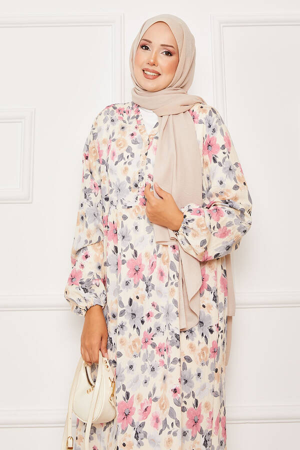 Mlk - Yarım Düğme Detaylı Çiçek Desenli Elbise Gri (1) Mlk - Yarım Düğme Detaylı Çiçek Desenli Elbise Gri (1)