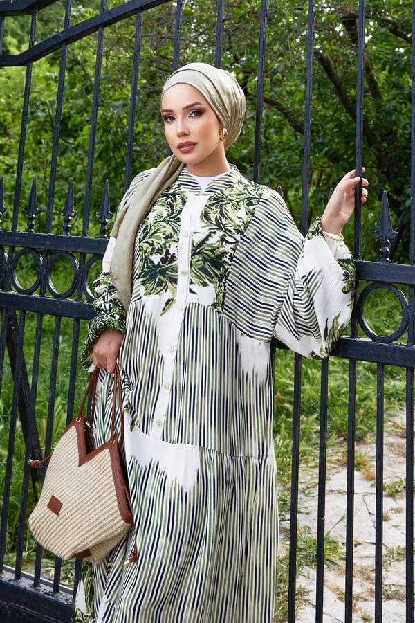 Ums - Yarım Düğme Detaylı Dijital Baskılı Viskon Elbise Haki (1) Ums - Yarım Düğme Detaylı Dijital Baskılı Viskon Elbise Haki (1)