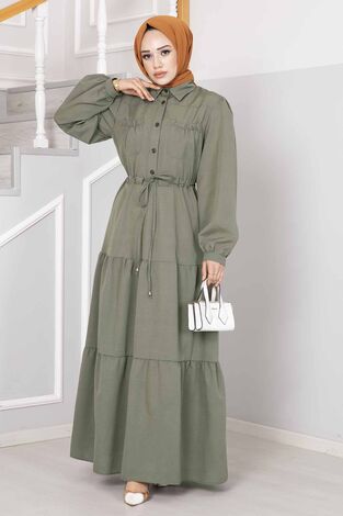 Yarım Düğme Detaylı Elbise Çağla Yeşili - Thumbnail