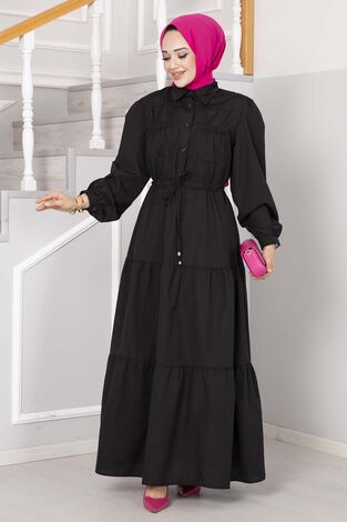 Yarım Düğme Detaylı Elbise Siyah - Thumbnail
