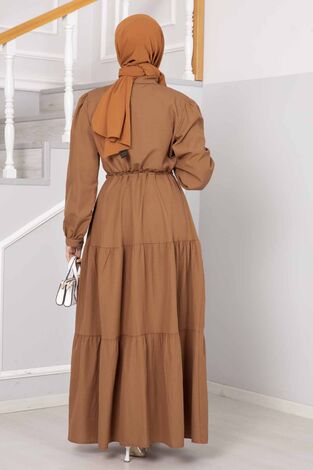 Yarım Düğme Detaylı Elbise Taba - Thumbnail