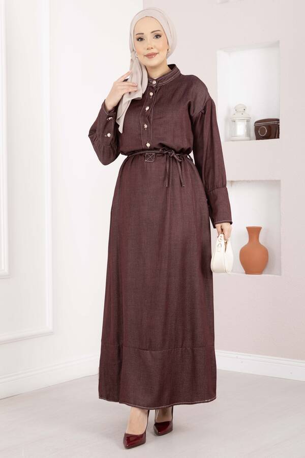 Mlk - Yarım Düğmeli Kuşaklı Tensel Kot Elbise Bordo