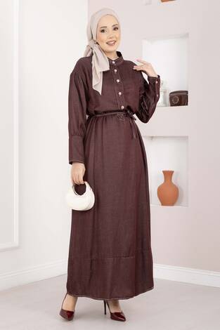 Yarım Düğmeli Kuşaklı Tensel Kot Elbise Bordo - Thumbnail
