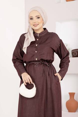 Yarım Düğmeli Kuşaklı Tensel Kot Elbise Bordo - Thumbnail