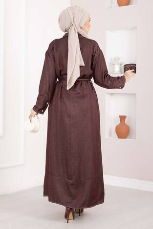 Yarım Düğmeli Kuşaklı Tensel Kot Elbise Bordo - Thumbnail