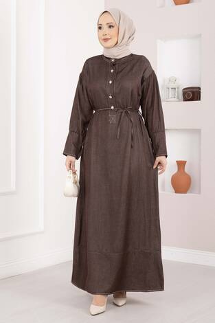 Yarım Düğmeli Kuşaklı Tensel Kot Elbise Kahve - Thumbnail