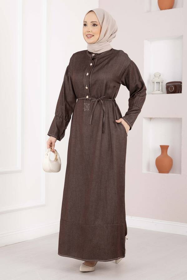 Mlk - Yarım Düğmeli Kuşaklı Tensel Kot Elbise Kahve