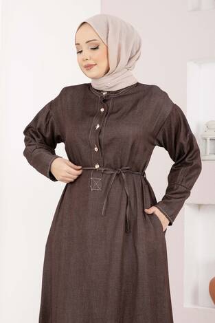 Yarım Düğmeli Kuşaklı Tensel Kot Elbise Kahve - Thumbnail