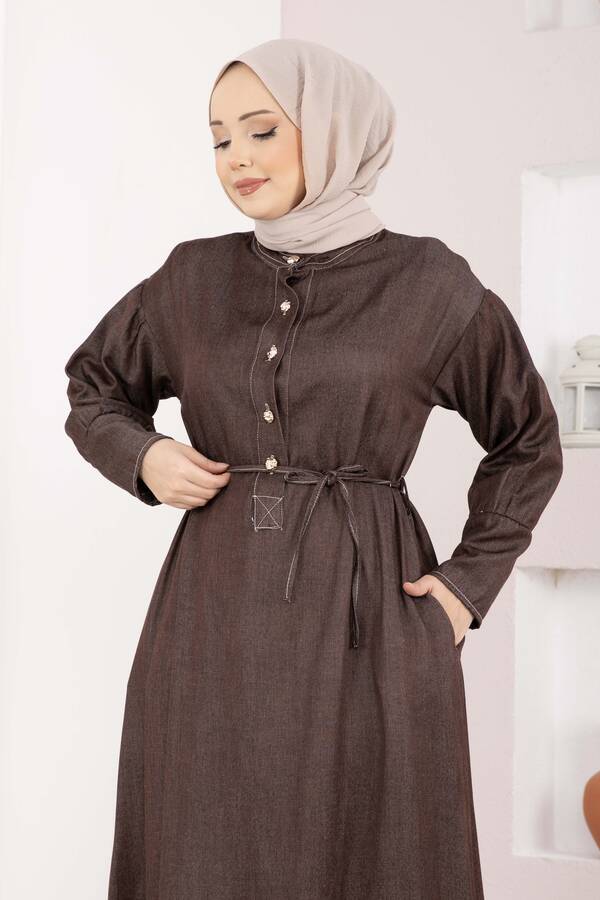 Mlk - Yarım Düğmeli Kuşaklı Tensel Kot Elbise Kahve (1)