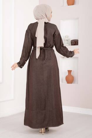 Yarım Düğmeli Kuşaklı Tensel Kot Elbise Kahve - Thumbnail