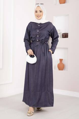 Yarım Düğmeli Kuşaklı Tensel Kot Elbise Lacivert