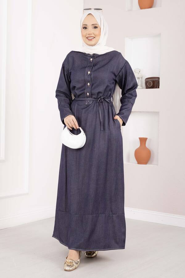 Mlk - Yarım Düğmeli Kuşaklı Tensel Kot Elbise Lacivert