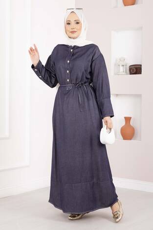 Yarım Düğmeli Kuşaklı Tensel Kot Elbise Lacivert - Thumbnail