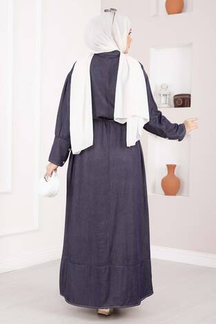 Yarım Düğmeli Kuşaklı Tensel Kot Elbise Lacivert - Thumbnail