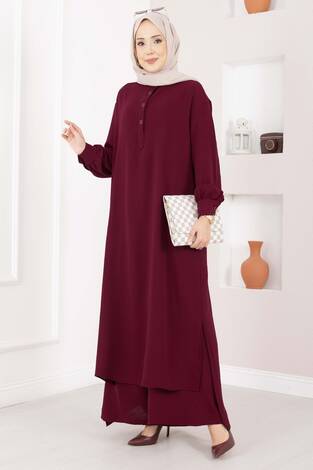 Yarım Düğmeli Uzun Tesettür İkili Takım Bordo - Thumbnail