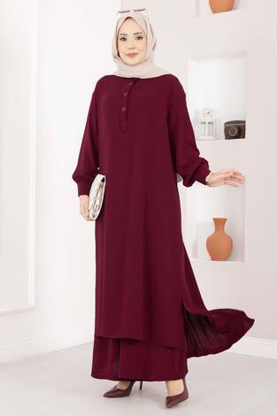Yarım Düğmeli Uzun Tesettür İkili Takım Bordo - Thumbnail
