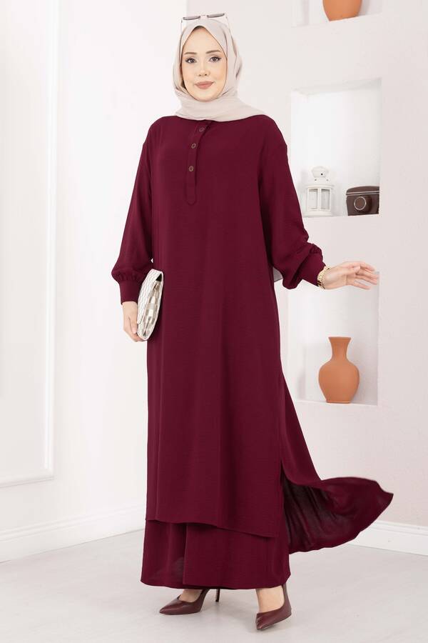 MD - Yarım Düğmeli Uzun Tesettür İkili Takım Bordo