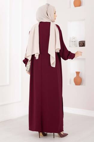 Yarım Düğmeli Uzun Tesettür İkili Takım Bordo - Thumbnail