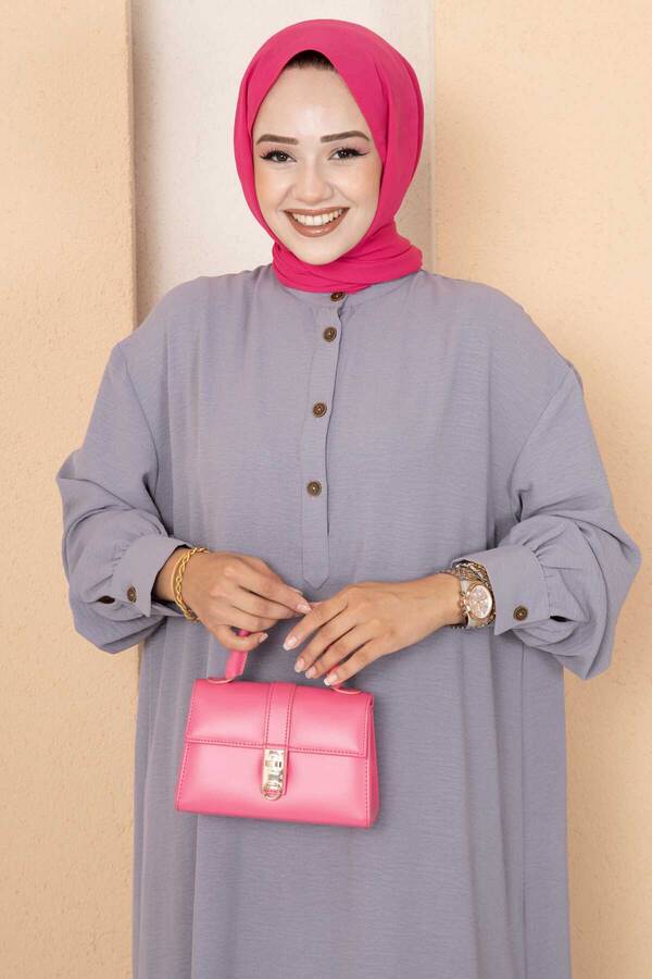 MD - Yarım Düğmeli Uzun Tesettür İkili Takım Gri (1)