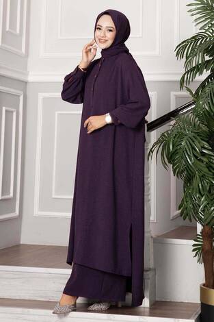 Yarım Düğmeli Uzun Tesettür İkili Takım Mürdüm - Thumbnail