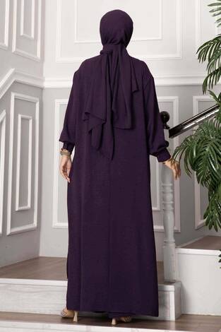 Yarım Düğmeli Uzun Tesettür İkili Takım Mürdüm - Thumbnail