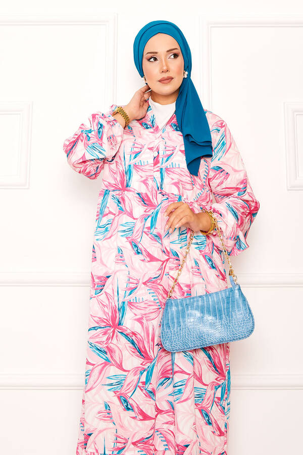 Mlk - Yarım Düğmeli Yaprak Desenli Modal Elbise Fuşya (1) Mlk - Yarım Düğmeli Yaprak Desenli Modal Elbise Fuşya (1)