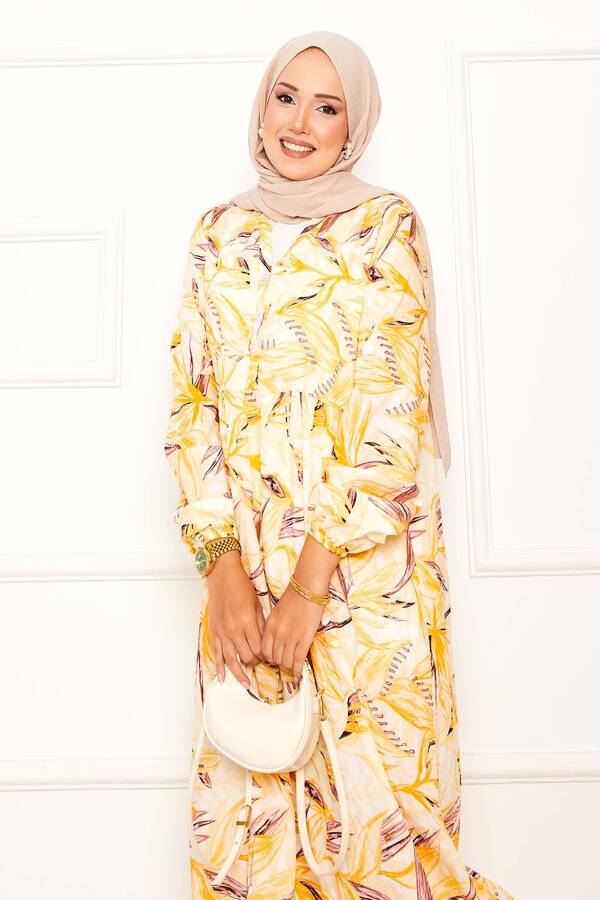 Mlk - Yarım Düğmeli Yaprak Desenli Modal Elbise Sarı (1) Mlk - Yarım Düğmeli Yaprak Desenli Modal Elbise Sarı (1)