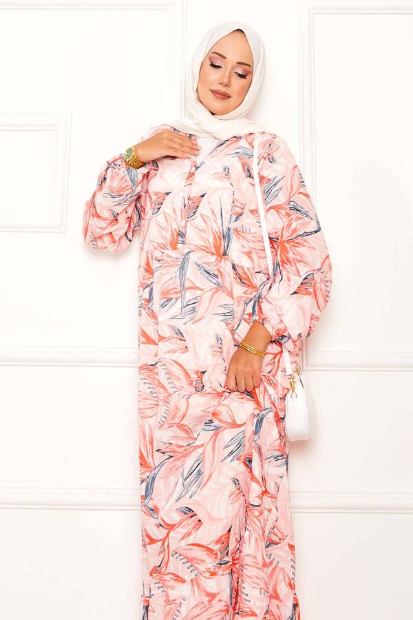 Mlk - Yarım Düğmeli Yaprak Desenli Modal Elbise Somon (1) Mlk - Yarım Düğmeli Yaprak Desenli Modal Elbise Somon (1)