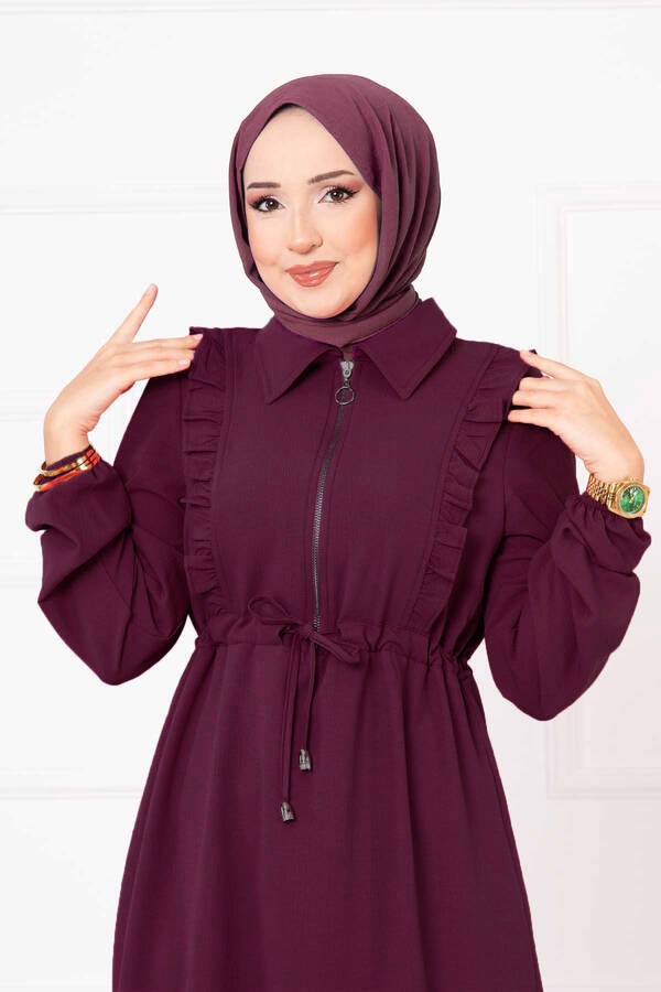 Asm - Yarım Fermuarlı Fırfır Detaylı Tesettür Elbise Bordo (1)