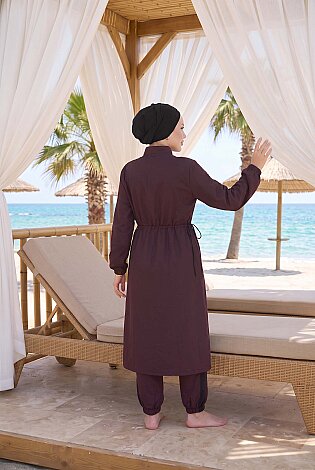 Yarım Fermuarlı Beli Ayarlanabilir Tesettür Mayo koyu bordo - 4