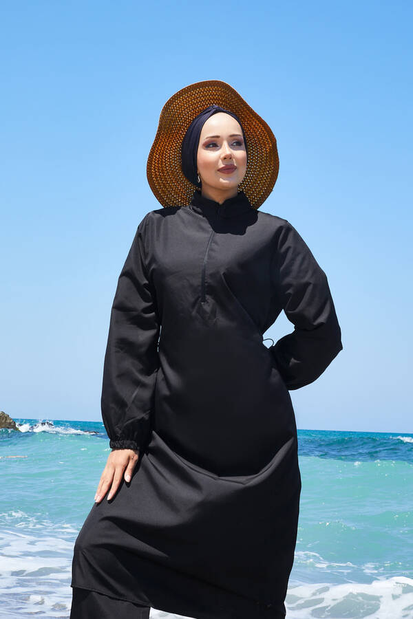 Df - Yarım Fermuarlı Beli Ayarlanabilir Tesettür Mayo Siyah (1)