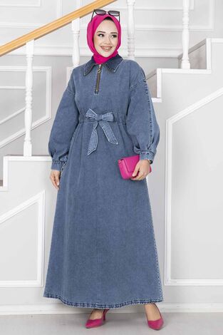 Yarım Fermuarlı Kot Elbise Açık Mavi - Thumbnail