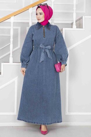 Yarım Fermuarlı Kot Elbise Açık Mavi - Thumbnail
