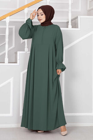Yarım Fermuarlı Tesettür Elbise Çağla Yeşili - Thumbnail