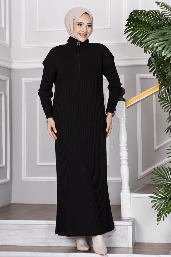 Yarım Fermuarlı Tesettür Triko Elbise Siyah