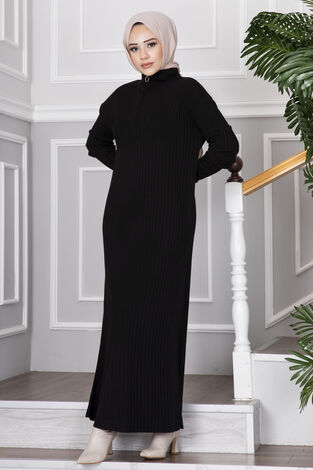 Yarım Fermuarlı Tesettür Triko Elbise Siyah - Thumbnail