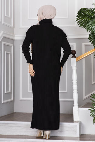 Yarım Fermuarlı Tesettür Triko Elbise Siyah - Thumbnail