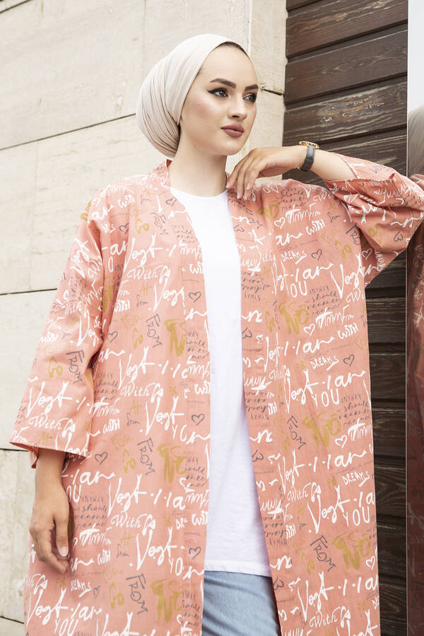 Yazı Baskılı Kimono 100MD-10482 Somon