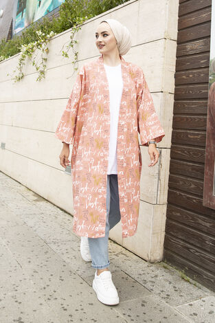 Yazı Baskılı Kimono 100MD-10482 Somon - Thumbnail
