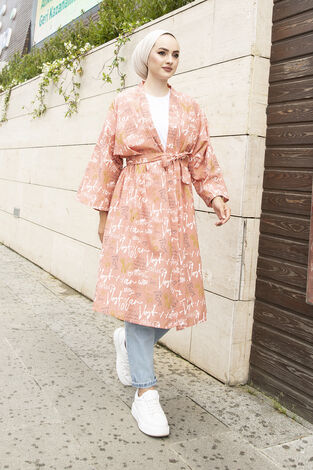Yazı Baskılı Kimono 100MD-10482 Somon - Thumbnail