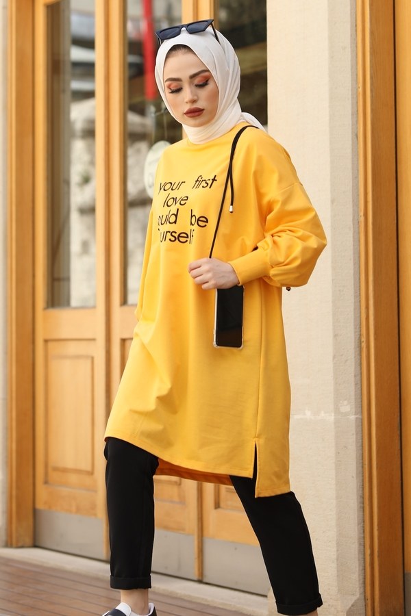  - Yazı Baskılı Sweat Tunik 02023-2 Sarı