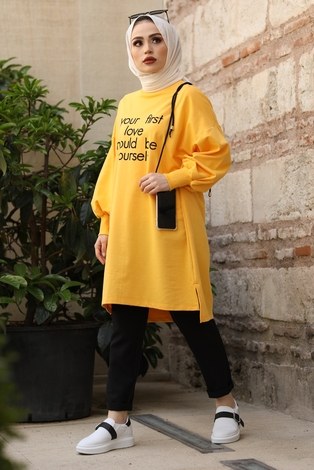 Yazı Baskılı Sweat Tunik 02023-2 Sarı - Thumbnail