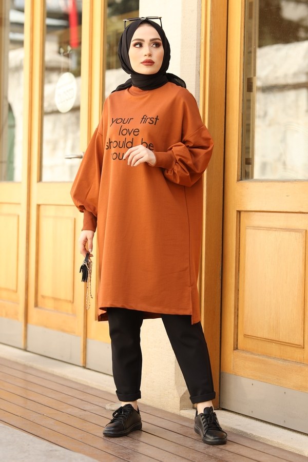  - Yazı Baskılı Sweat Tunik 02023-44 Kiremit