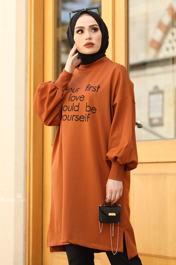  - Yazı Baskılı Sweat Tunik 02023-44 Kiremit (1)