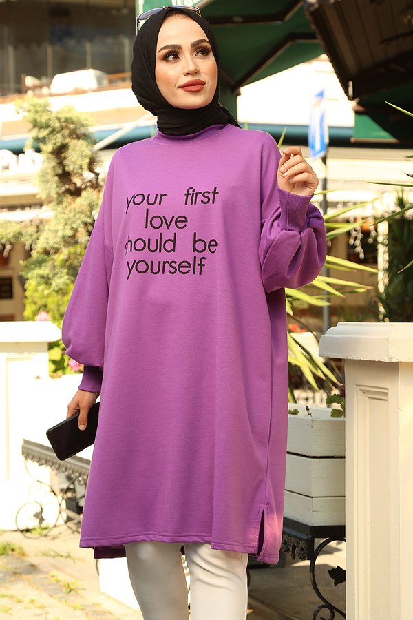  - Yazı Baskılı Sweat Tunik 02023-6 Mor (1)