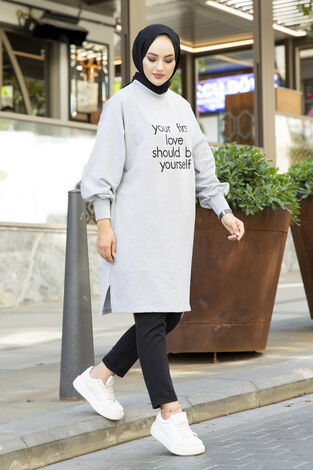 Yazı Baskılı Sweat Tunik 160SAG02023 Gri - Thumbnail